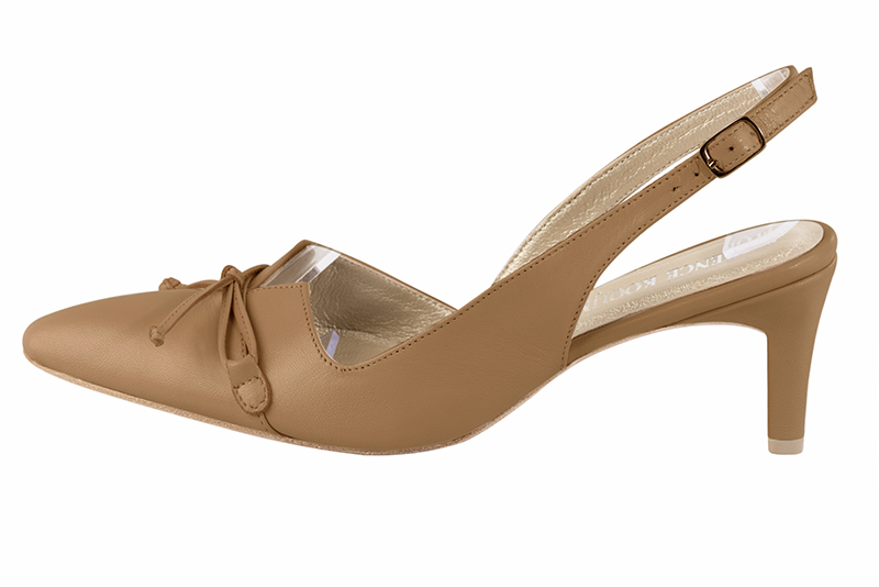 Camel beige women's open back shoes, with a knot. Tapered toe. Medium comma heels. Profile view - Florence KOOIJMAN